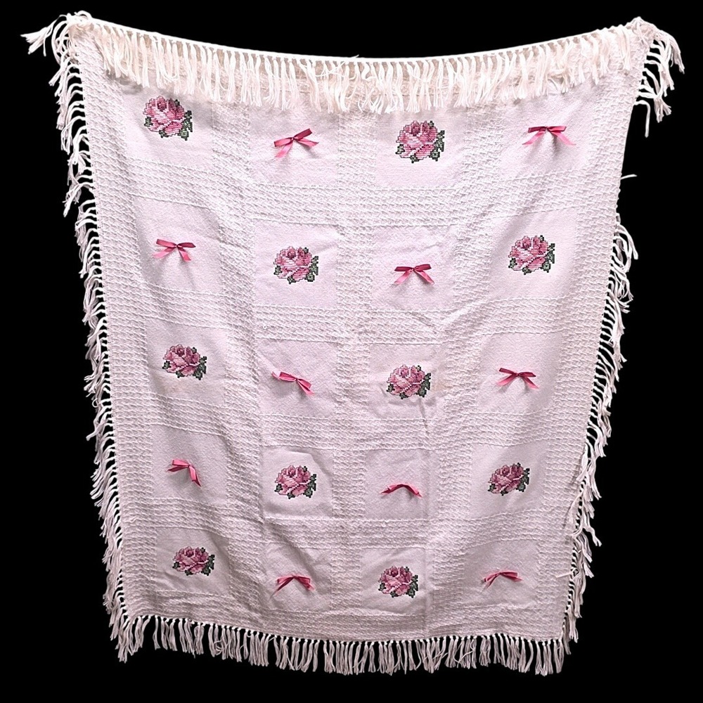 Handmade Blanket White Pink Rose Cross Stitch Satin Bow Fringe Grandmacore Boho